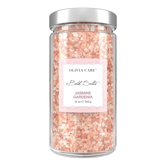 Olivia Care Pink Himalayan Bath Salts – Exfoliating & Soothing Body Soak, Jasmine Gardenia Scent, Natural Ingredients, 12 oz (1 Pack)