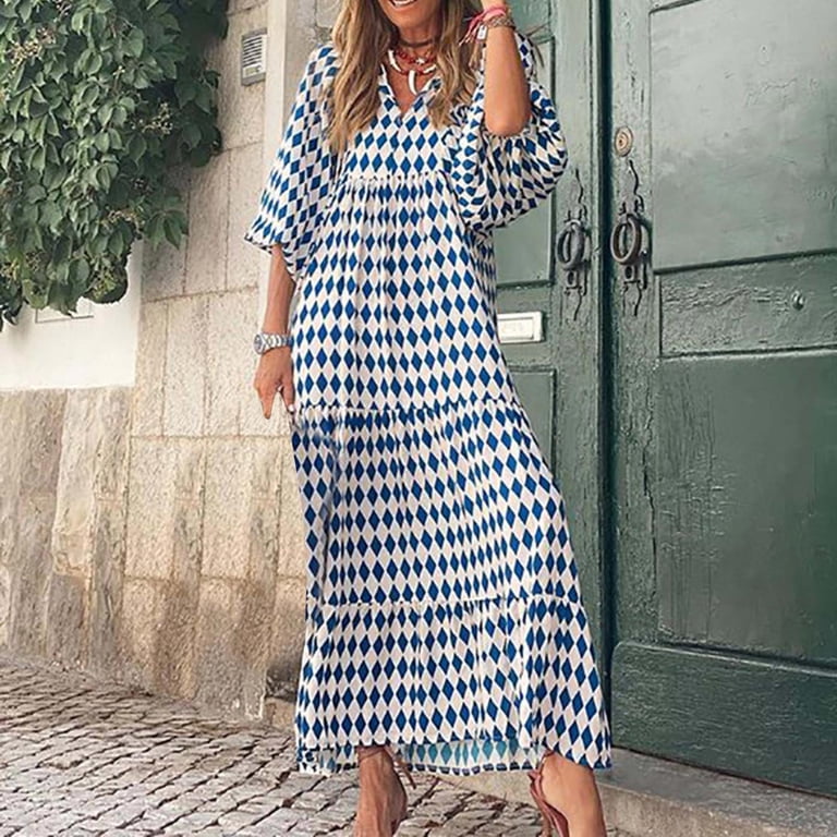 CLESALE Plus Size Fall Dress Elegant Short Sleeve Plaid Pattern Dresses  Daily O-Neck Comfy A-Line Maxi Dresses for Women Patchwork Flowy  Sundress(Blue 4XL) - Walmart.com