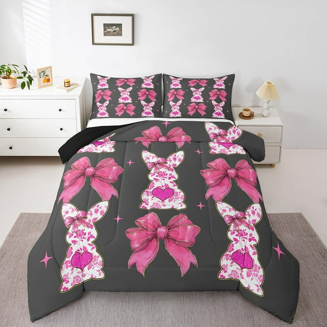 Erosebridal Kawaii Bowknot Love Heart Bedding Twin Comforter Set,Cartoon Rabbit Down Comforter,Retro Floral Decor,Reversible,Lightweight,2pcs
