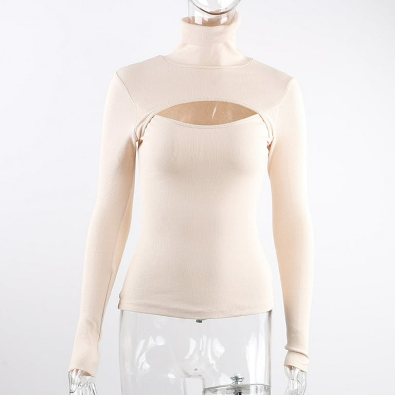 Women's Long Sleeve Turtleneck Sweater, Cut Out Keyhole, Ribbed