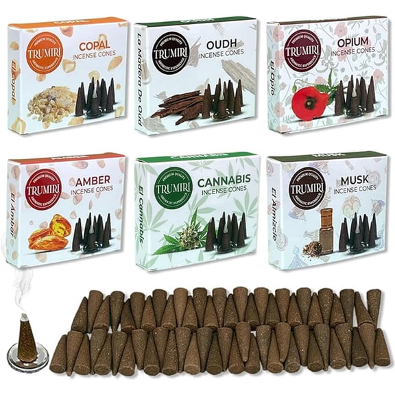 Trumiri Exotic Incense Cones - Variety Pack - Total 60 Cone Incense (6 Scents x 10 Conos) - Copal, Oud, Musk, Amber - Cone Incense Scents - Insense Cones - Incent Cone