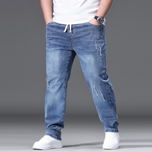 Plus Size Men Jeans Drawstring Elastic Waist Relaxed Fit Straight Leg Casual Stretch Denim Pants Big and Tall Comfort Trousers for Daily Wear