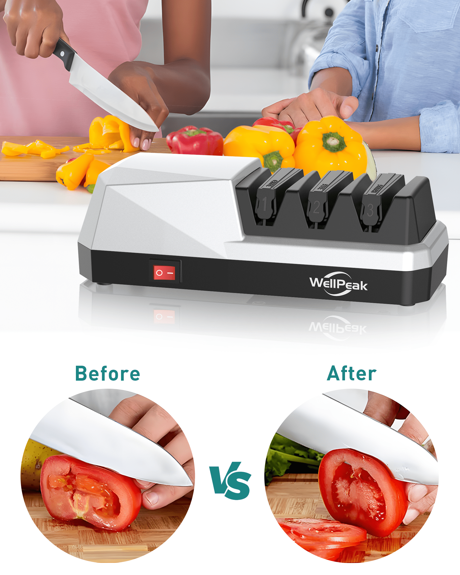 WELLPEAK 3-Stage Electric Knife Sharpener for Kitchen 18/20-Degree Knifes, Diamond Abrasive Sharpening for Straight Edge Chef Knives, Ceramic Hone for Chef Knives, Serrated Knives Polishing