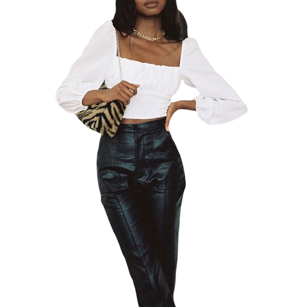 SAYOO Blusa plegada para mujeres, camiseta cuello cuadrado de manga larga SAYOO moda