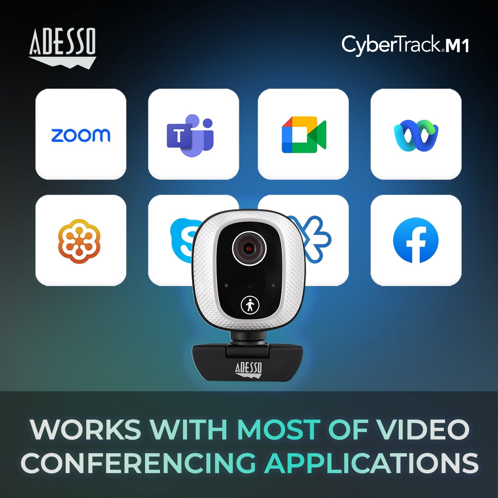 Adesso Motion Tracking 1080P HD H.264 Fixed Focus USB Webcam, Built-in Microphone, and Tripod Mount CyberTrack M1