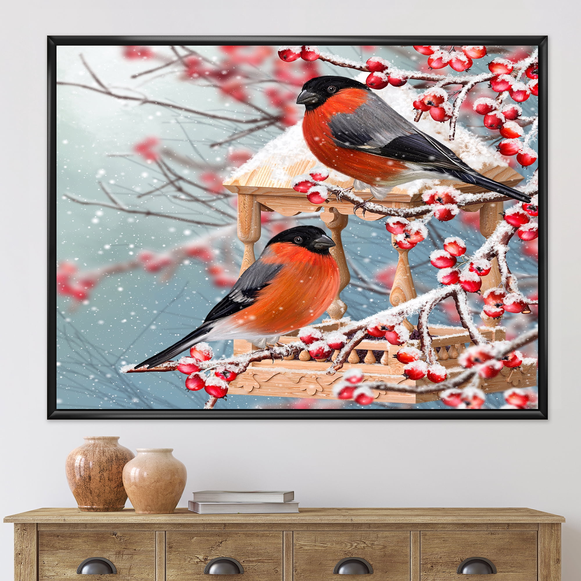 Designart 'Two Tits Sit On A Snow-Covered Berries Branch ' Traditional Framed Canvas Wall Art Print