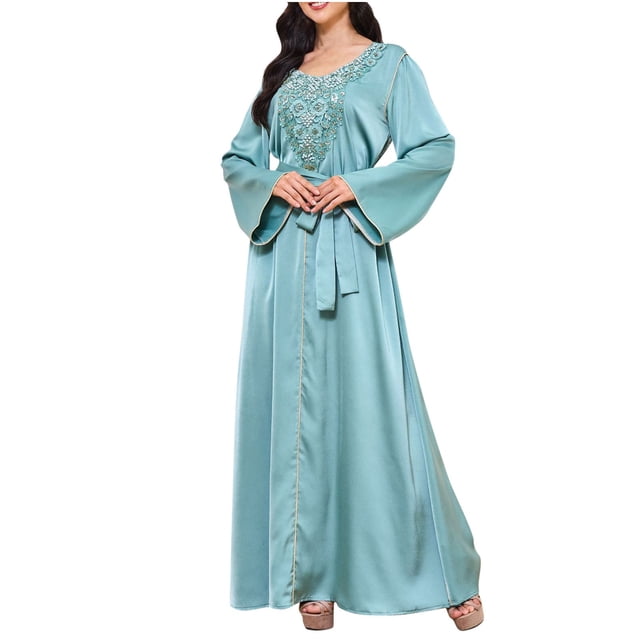 Abcnature Robe Maxi à Manches Longues Col en V Imprimé Mode Arabe Musulmane pour Femmes Tenue de Soirée Élégante et Modeste pour le Marché Américain