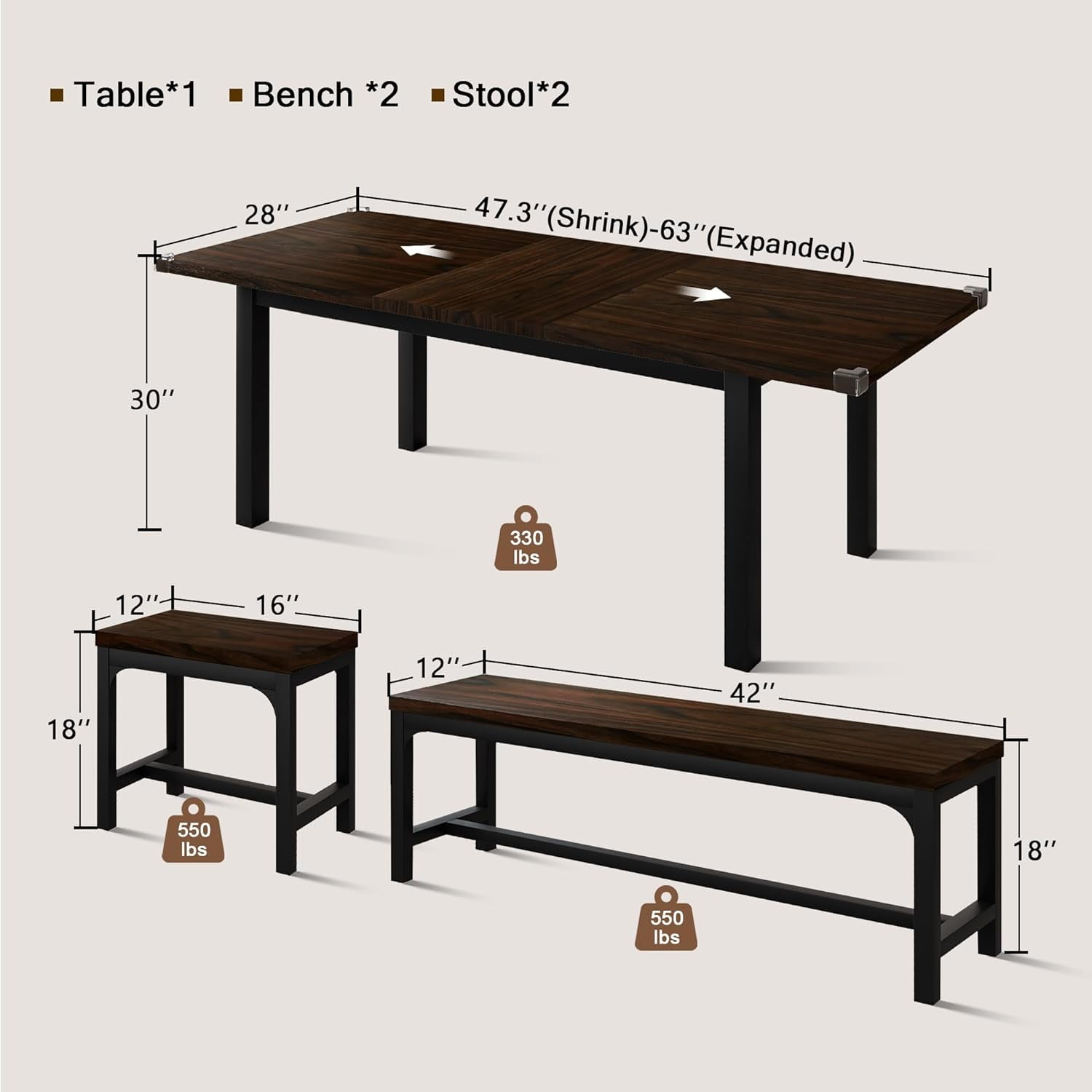 Honfach 5 Piece Dining Table Set for 4-8 People, 63" Large Extendable Kitchen Table Set with 2 Benches and 2 Square Stools, Dining Room Table with MDF Wood Board，Espresso