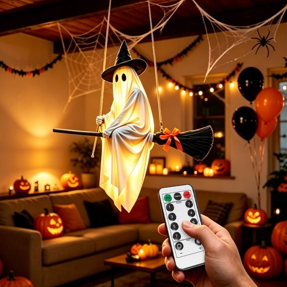 Light-Up Flying Ghost, Large Hanging Flying Halloween Decor, Floating Witch Ornament Outdoor Indoor Decoration Prop, Halloween Yard Decor for Porch Tree Doorway Party, A