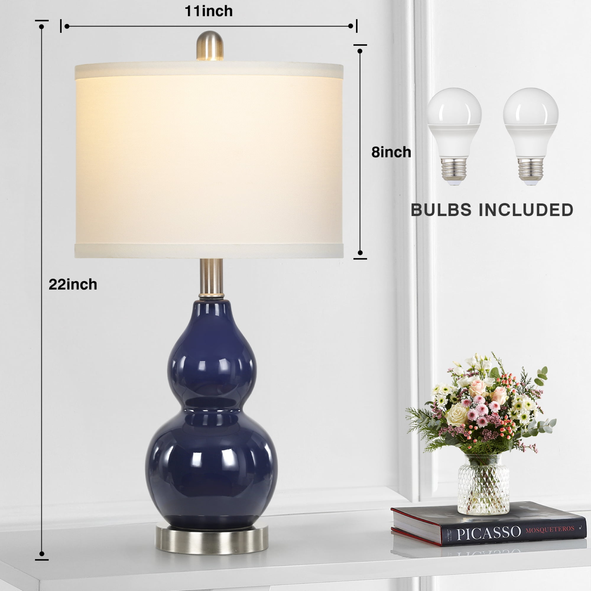 Cinkeda Coastal Double Gourd Ceramic Table Lamp Set of 2 for Living Room Bedroom 22" Nautical Blue Bedside Nightstand Lamp with White Shade