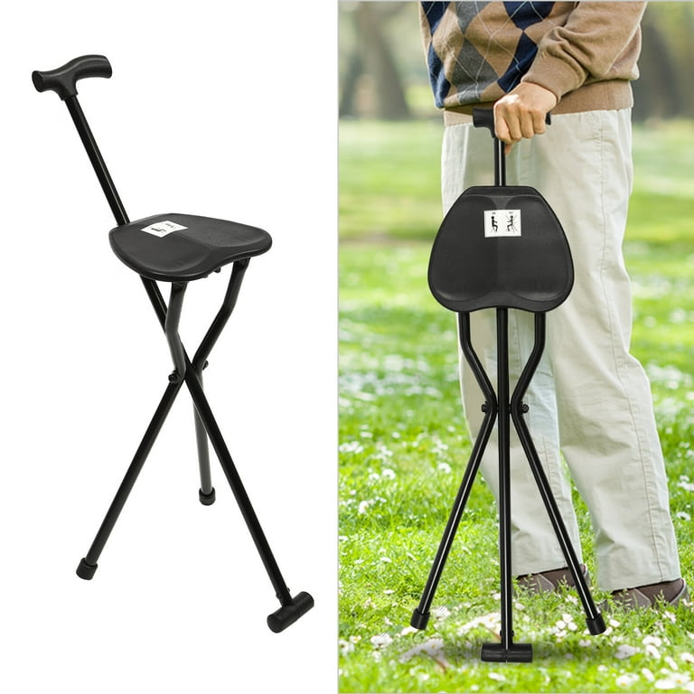 Aiqidi Foldable Tripod Stool Lightweight Anti-slip Multifunctional  Three-Legged Seat Walking Stick Aluminum Alloy Crutch Chair Black Cane  249LBS Load