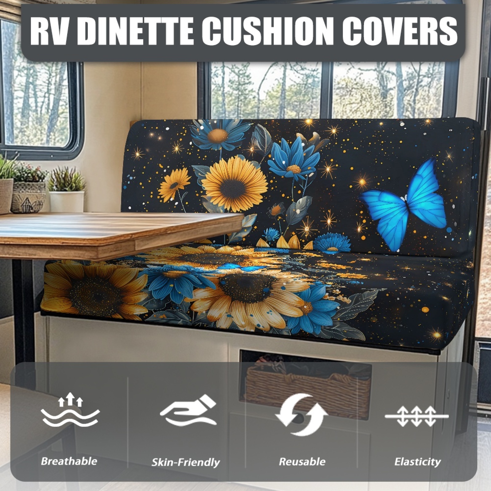 FORUDESIGNS Butterfly Sunflower Pattern 2 Pcs RV Dinette Cushion Covers Washable Camper Cushion Slipcover Stretch Camper Seat Covers Dinette Booth Sofa Slipover for Travel Trailer Couch