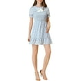 thumbnail image 2 of INSPIRE CHIC Women's Floral Peter Pan Collar Tie Neck Smocked Puff Sleeve Ruffle Dress Light Blue S, 2 of 5