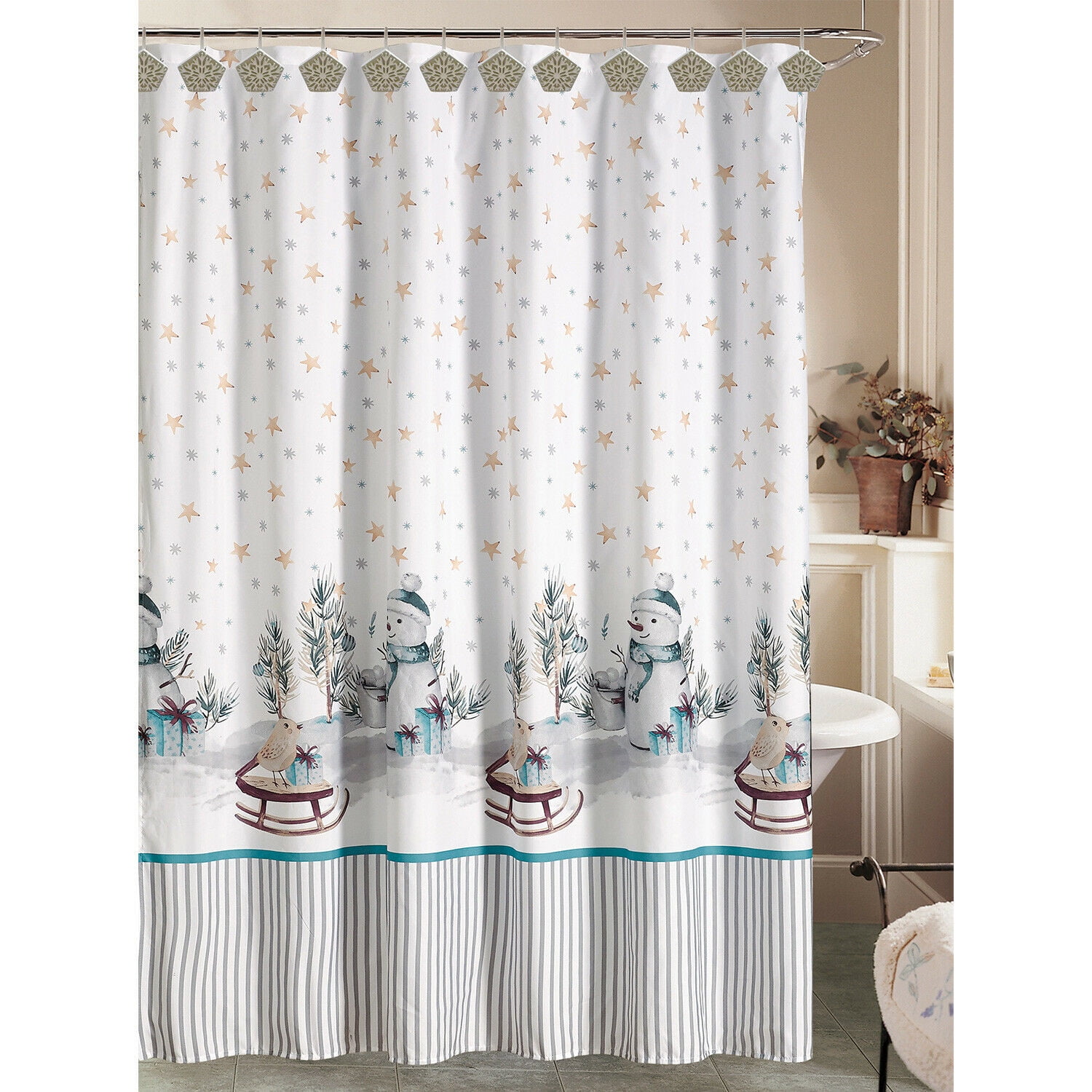 Striped Snowman Border Winter Holidays, Blue And Gray Shower Curtain Sets