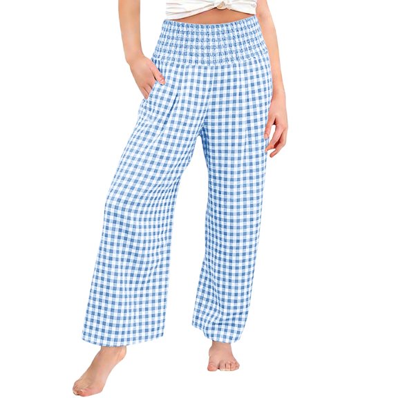 Girls Plaid Cotton Linen Pants High Waist Lounge Pant Y2K Casual Wide Leg Trousers with Pockets Light Blue 160