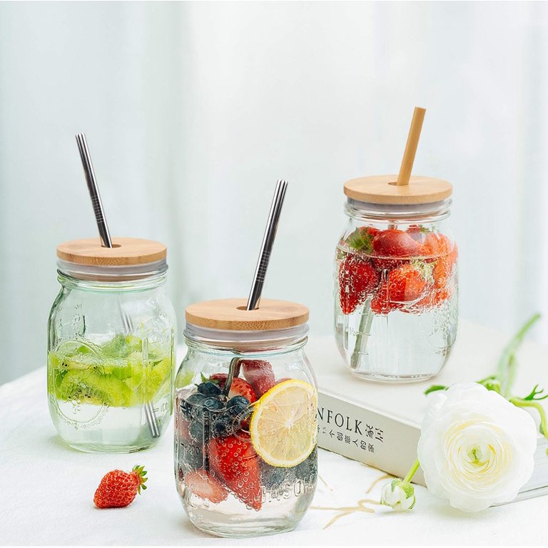 Mason Jars With Bamboo Lids & Stainless Steel Straws, Set Of 2