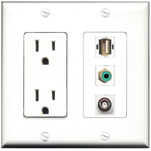 RiteAV - 15 Amp Power Outlet 1 Port RCA Green 1 Port USB A-A 1 Port BNC Decorative Wall Plate