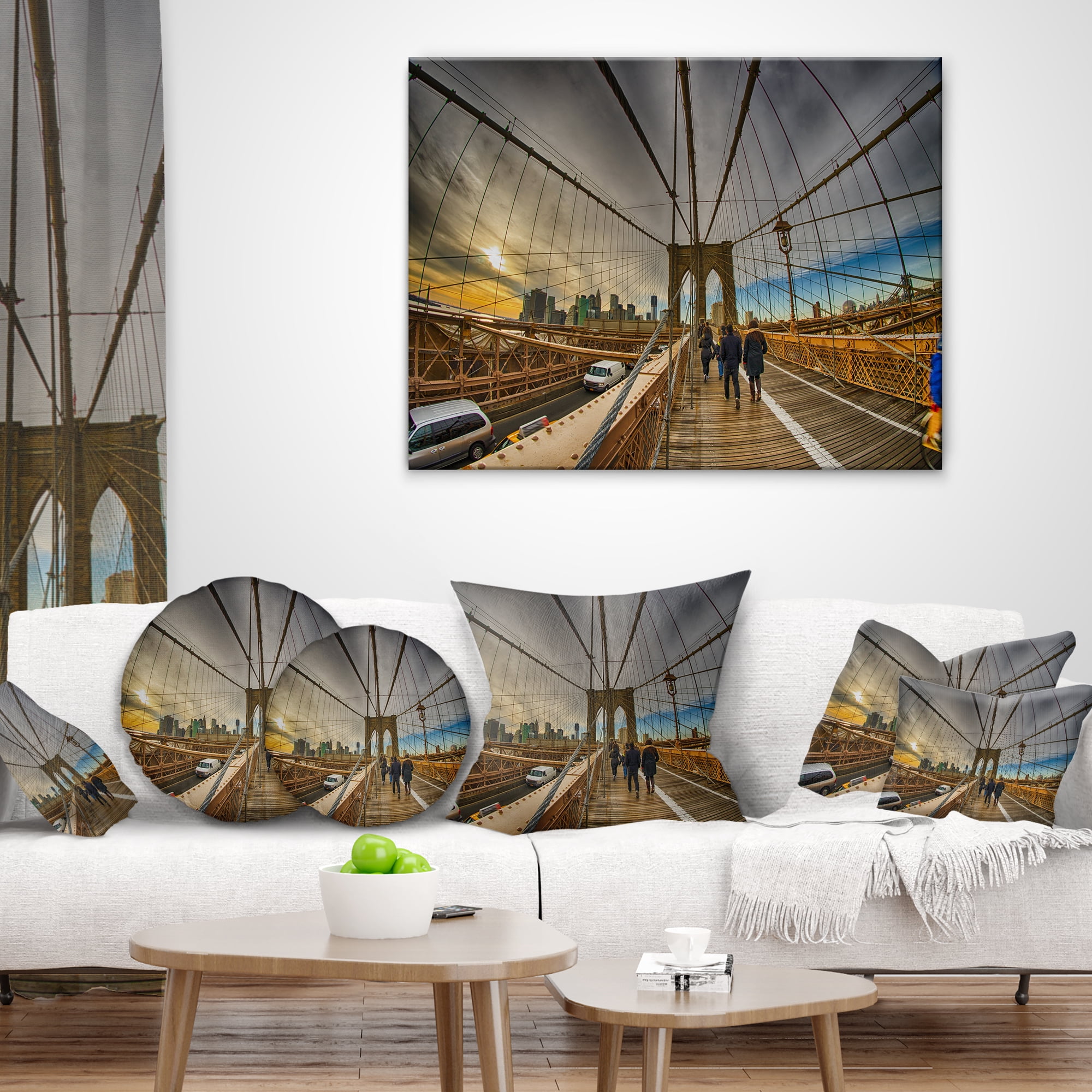 Designart Strolling on Brooklyn Bridge - Landscape Photo Throw Pillow - 12x20