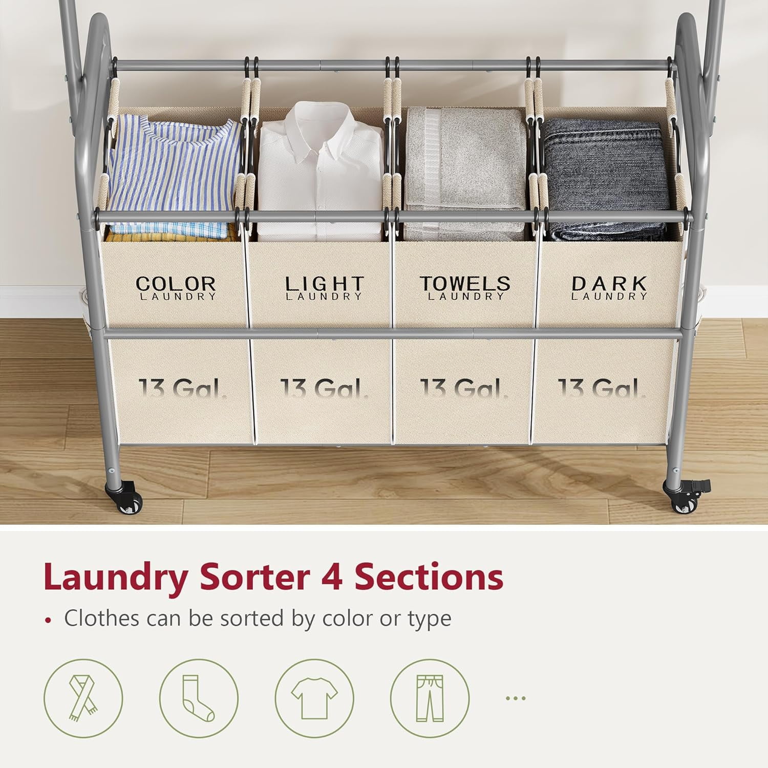 Laundry Hamper with Hanging Rack, Laundry Sorter 4 Sections, 4 Basket Butler with Lockable Wheels and Removable Bag, Rolling Laundry Cart for Bedroom, Beige