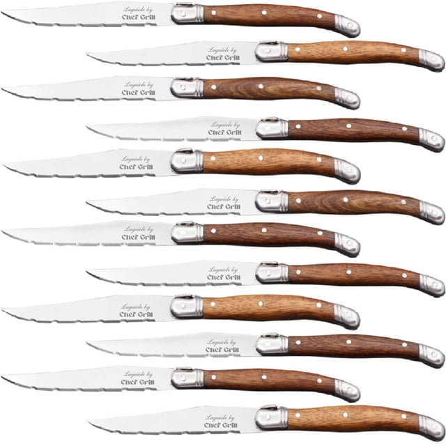 Cuchillos con Mango Ergonómico LaguioleWoodLight 12pzas 23 cm Madera Café Claro Acero Inoxidable Cuchillo para carne.