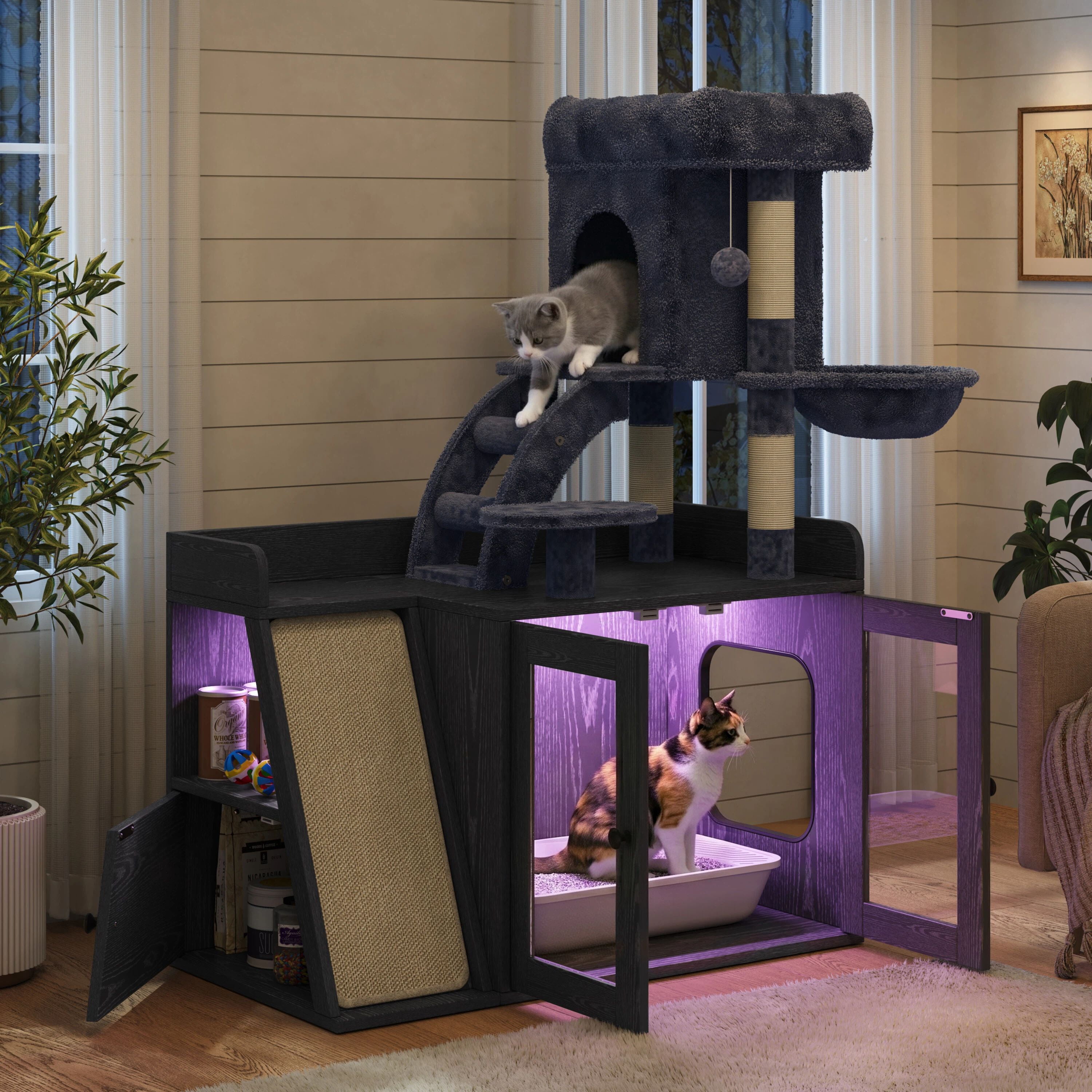 Euroco Cat Tree with Litter Box Enclosure, All-in-one Cat Tower with LED Light,Sisal Scratching Post,Hammock,House,Platform & Storage Space,Hidden Litter Box Furniture with Condo,Black