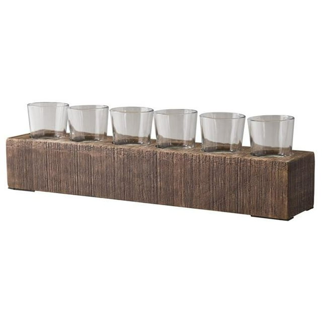 Benjara BM209418 6 Glass Candle Holders with Rectangular Wooden Base, Brown & Clear