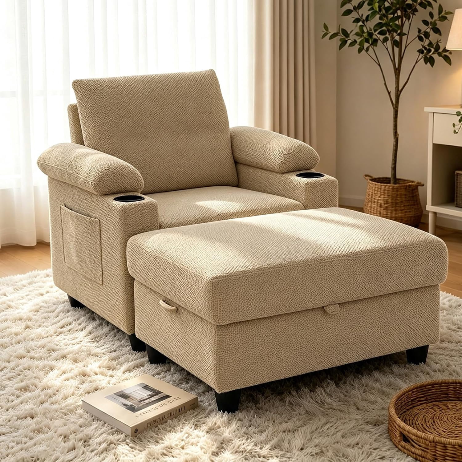 MOONMISS Chaise Lounge Chair Indoor, Convertible Recliner Reading Sofa Chair, Coffee | Cup Holders, USB Port, Adjustable Backrest, Storage Ottoman for Living Room,Home Theater & Bedroom,Camel