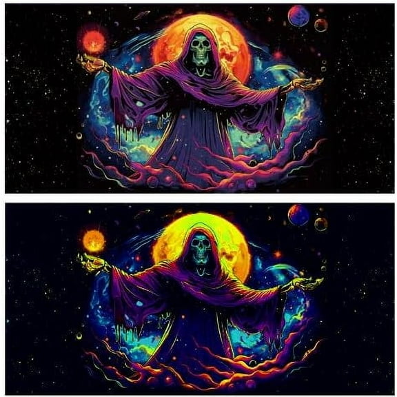 Blacklight Skull Wizard HD 3D Black Light Aquarium Background UV Reactive Galaxy Space Gothic Skeleton Witch Background with 10 EVA Double-Sided Tape, 48X24IN