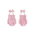 thumbnail image 2 of BemeyourBBs Newborn Baby Girl Summer Clothes Infant Baby Girl Goose Outfit Plaid Gingham Smocked Bubble Romper Embroidered Strap Sleeveless Bodysuit and Headband 2 Piece Set, 2 of 9