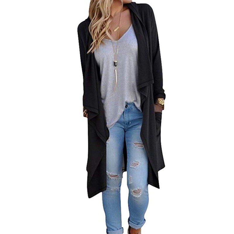 Isaac Liev - Women's Solid Knitted Open Front Long Trench Coat Cardigan ...