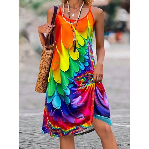 Plus Size Women Multicolor Abstract Print Cami Sundress, Summer Casual Slip Dress