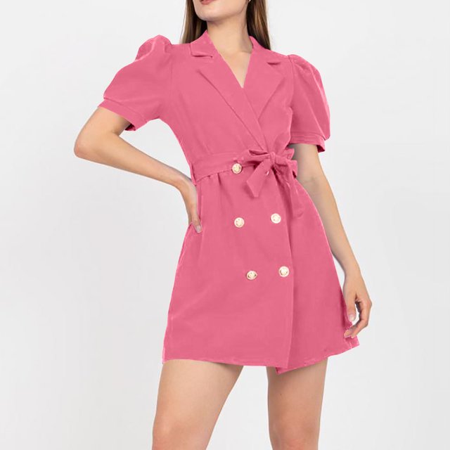 Ovzne Robes d'Été pour Femmes 2025 Robe Femme Mode Décontractée Couleur Unie Bouton Été Manches Courtes Col Rabattu Robe Femme Manches Courtes Liquidation