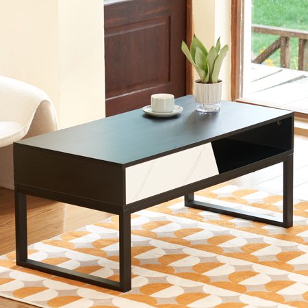 Bestco Coffee Table w Storage Shelf & Drawer 39" by 20" Center Living Room Table Black