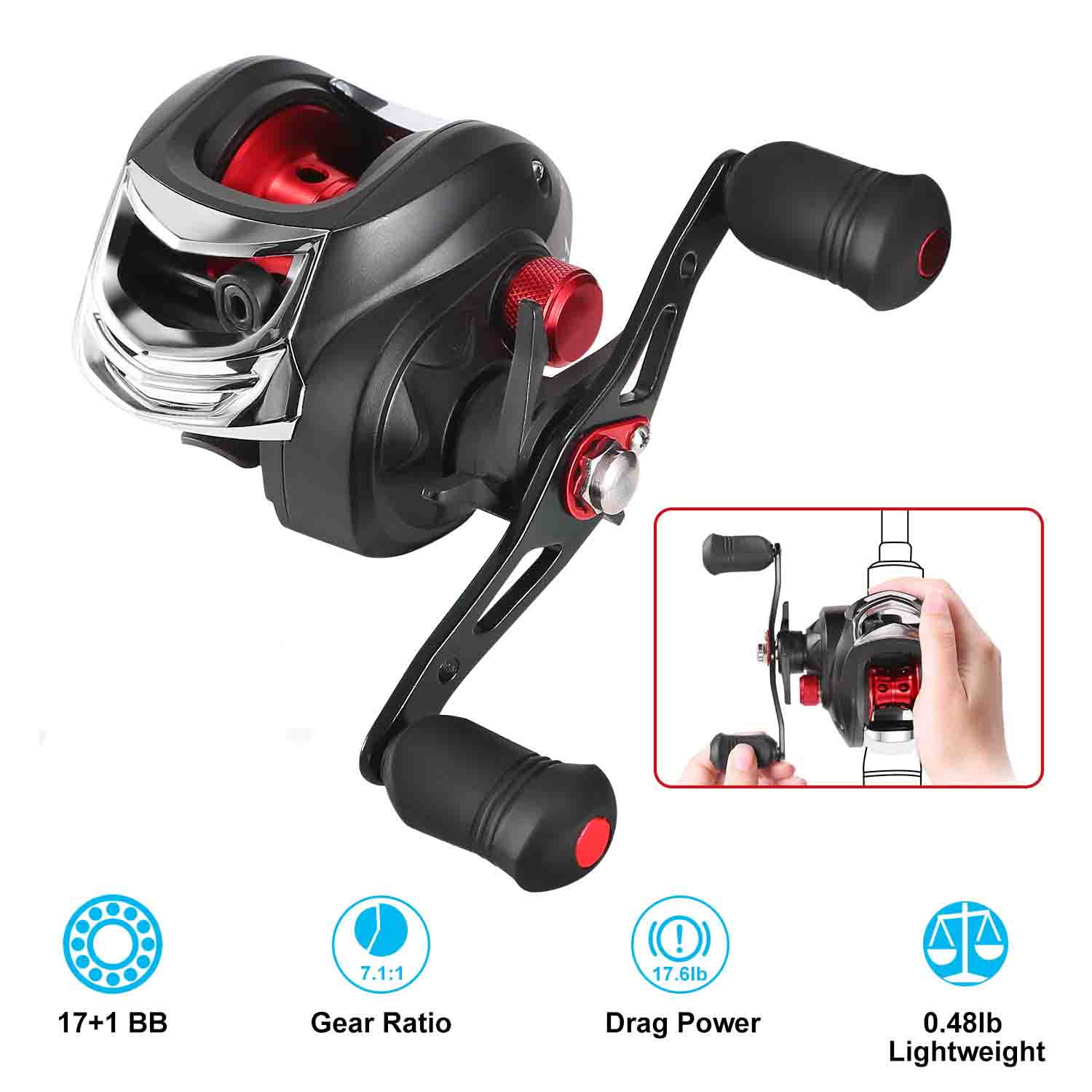 (Left) Baitcasting Fishing Reel 17.5lbs Max Drag Baitcasters 17+1 BB 7.