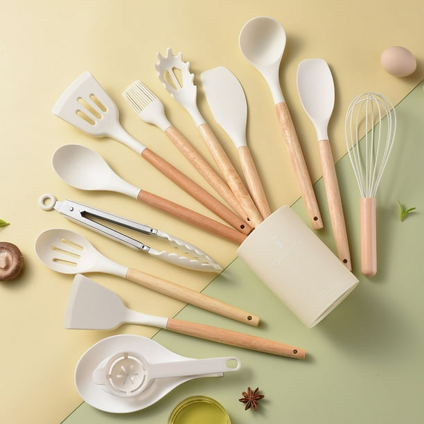 Fiudx Juego de Utensilios de Cocina de Madera, 14 Cucharas Antiadherentes, Diseño Elegante con Mango de Madera, Material Seguro y Duradero, Ideal para Freír, Remover y Mezclar, Ideal para Entusiastas