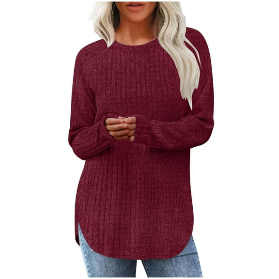 Besolor Women's Tunic Tops Crewneck Long Sleeve Knit Sweaters Curved Hem Pullover Knitwear Fall Winter Dressy Blouses