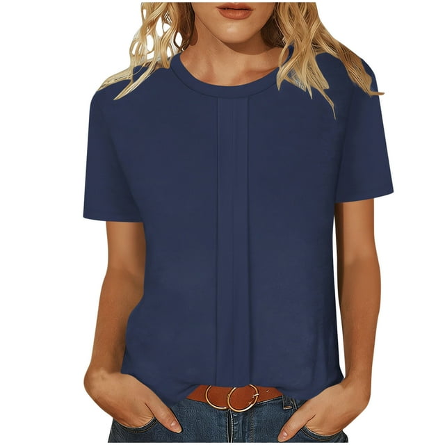 2026 Fashion Tops for Women Essential Short Sleeve Tees Solid Color Casual Outfits Loose Round Neck Clothing Soft Ribbed Texture Tops Versatile Daily Shirts Comfy Spring Pullover