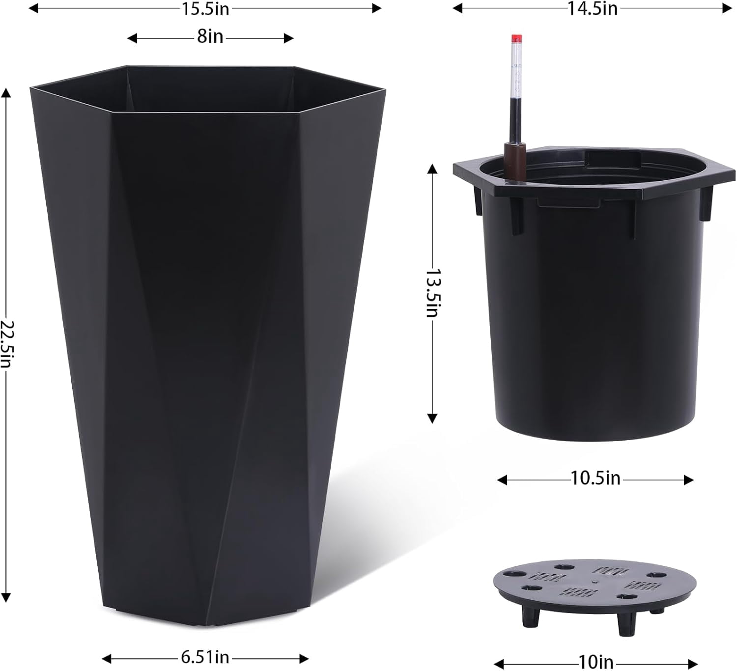 Riedhoff 22.5" Tall Planter Pots Set of 2, Self Watering with Water Level Monitor, Black