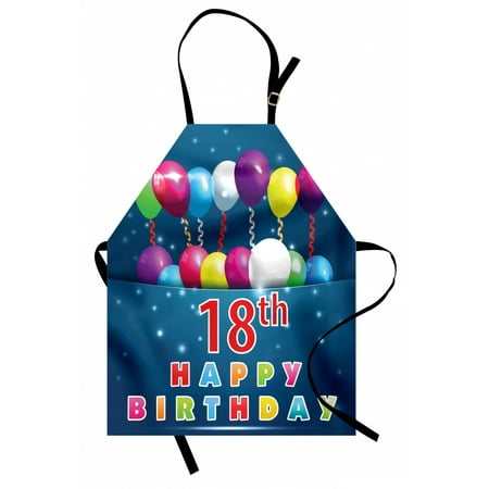 

18th Birthday Apron Party Time with Colorful Flying Balloons on Star Like Backdrop Happiness Unisex Kitchen Bib Apron with Adjustable Neck for Cooking Baking Gardening Blue and White by Ambesonne
