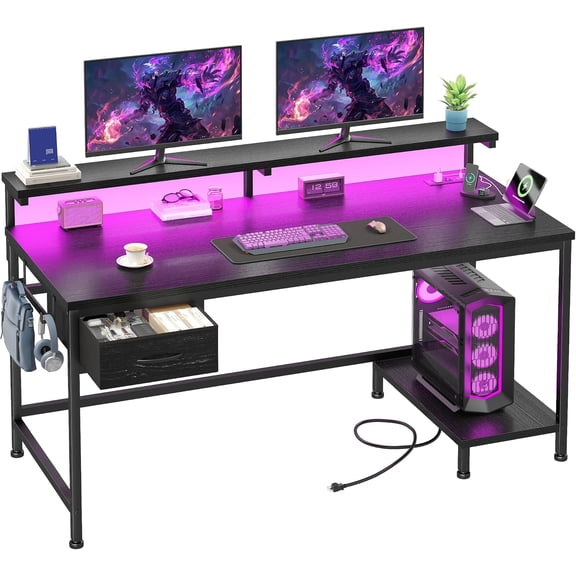 39.3" Gaming Desk with Power Outlet and LED Lights,Computer Desk with Adjutable Monitor Stand and Drawer,Office Desk with CPU Stand for Home Work,Study and Gaming, Small Spaces,Black
