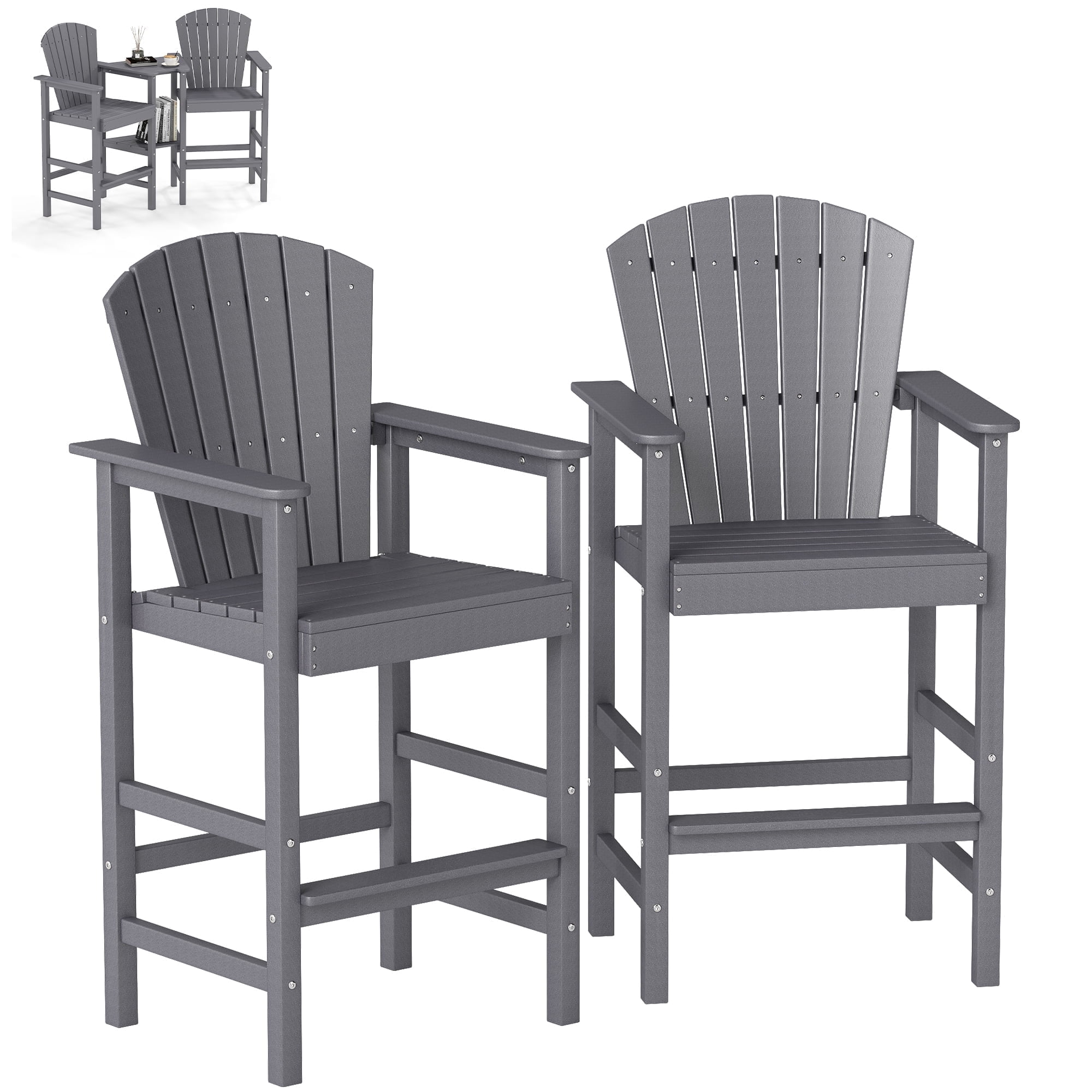 FOOWIN Tall Adirondack Chair Set of 2, HDPE All-Weather Adirondack Bar Stools with Connecting Tray, Grey