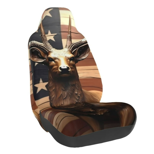 Wukai Deer American Flag Vintage Full Set Car Seat Covers with Soft Padding Universal Auto Front Seats Protector and Cushion Mat