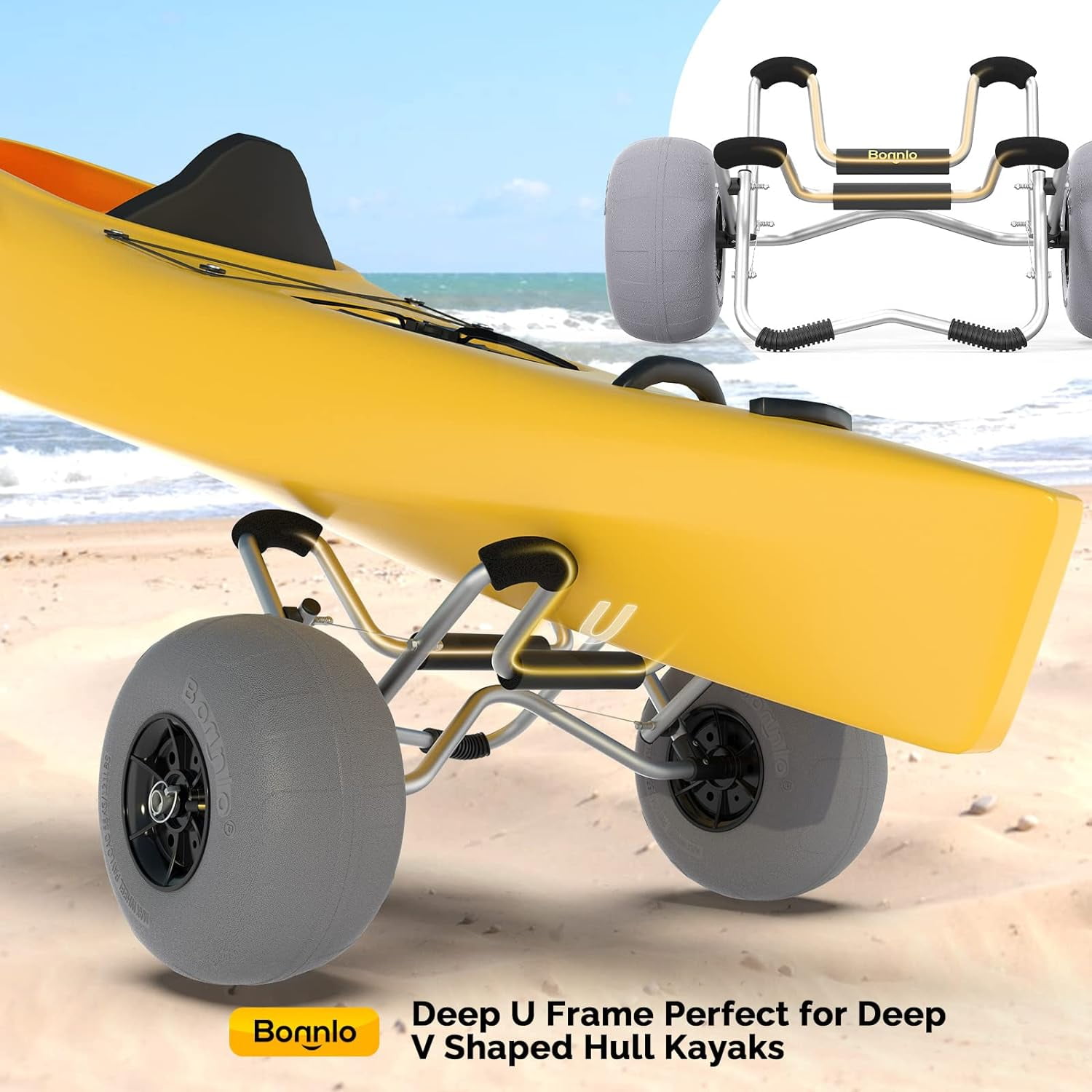 Bonnlo Kayak Beach Cart with Balloon Wheels Canoe Dolly Foldable Paddle Board Boat Cart CarrierTrolley Transport with 12" Big Balloon Wheels, Free Pump, 2 Ratchet Straps- Perfect for Soft Sand