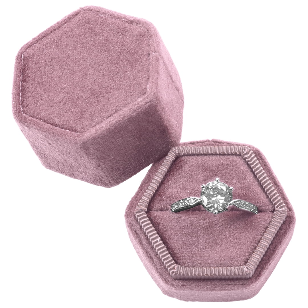 Velvet Double Ring Box Hexagon Wedding Ceremony Ring Box with Detachable Lid 