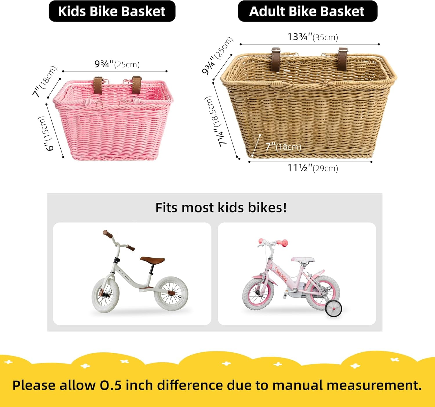 GRANNY SAYS Kids Bike Basket, Front Bicycle Baskets for Kids, Small Wicker Bike Basket for Boys and Girls, Pink