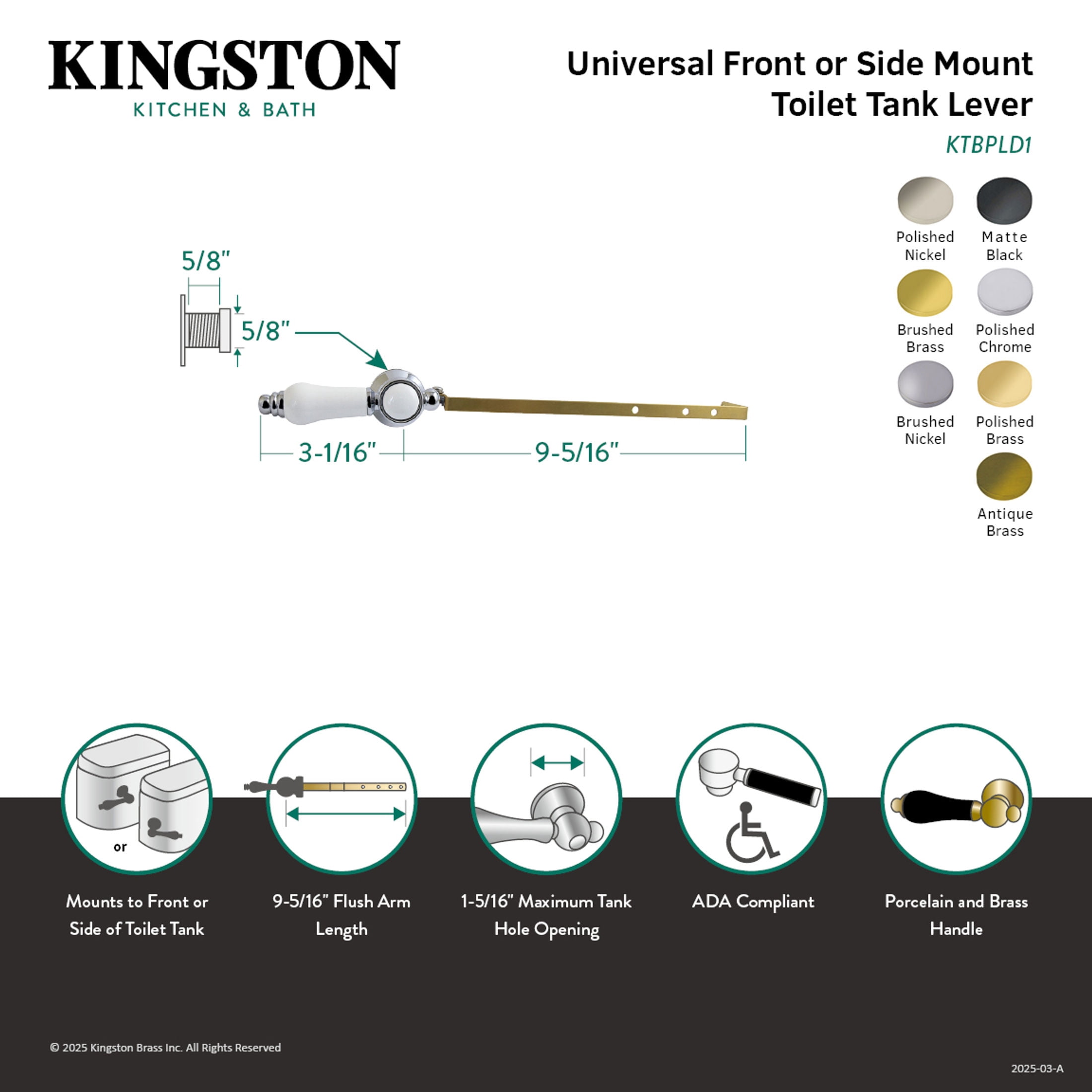 Kingston Brass KTBPLD8 Bel-Air Universal Front or Side Mount Toilet Tank Lever in Brushed Nickel