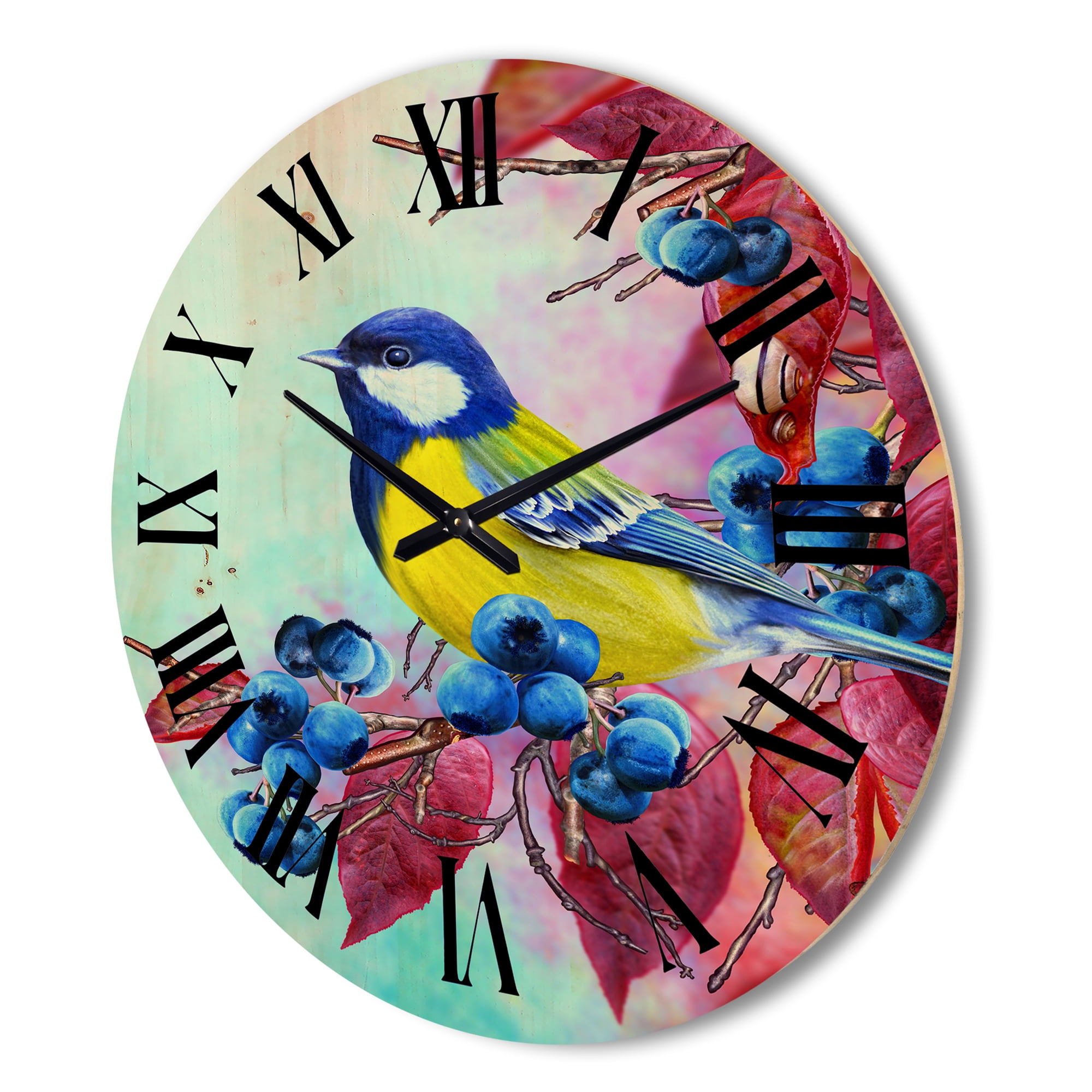 Designart 'Bright Bird Bullfinch Sitting On A Branch of Berries II' Traditional Wood Wall Clock