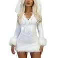 thumbnail image 6 of Musuos Furry White Bodycon Mini Dresses Women Autumn Long Sleeve Hooded V Neck Dress, 6 of 7