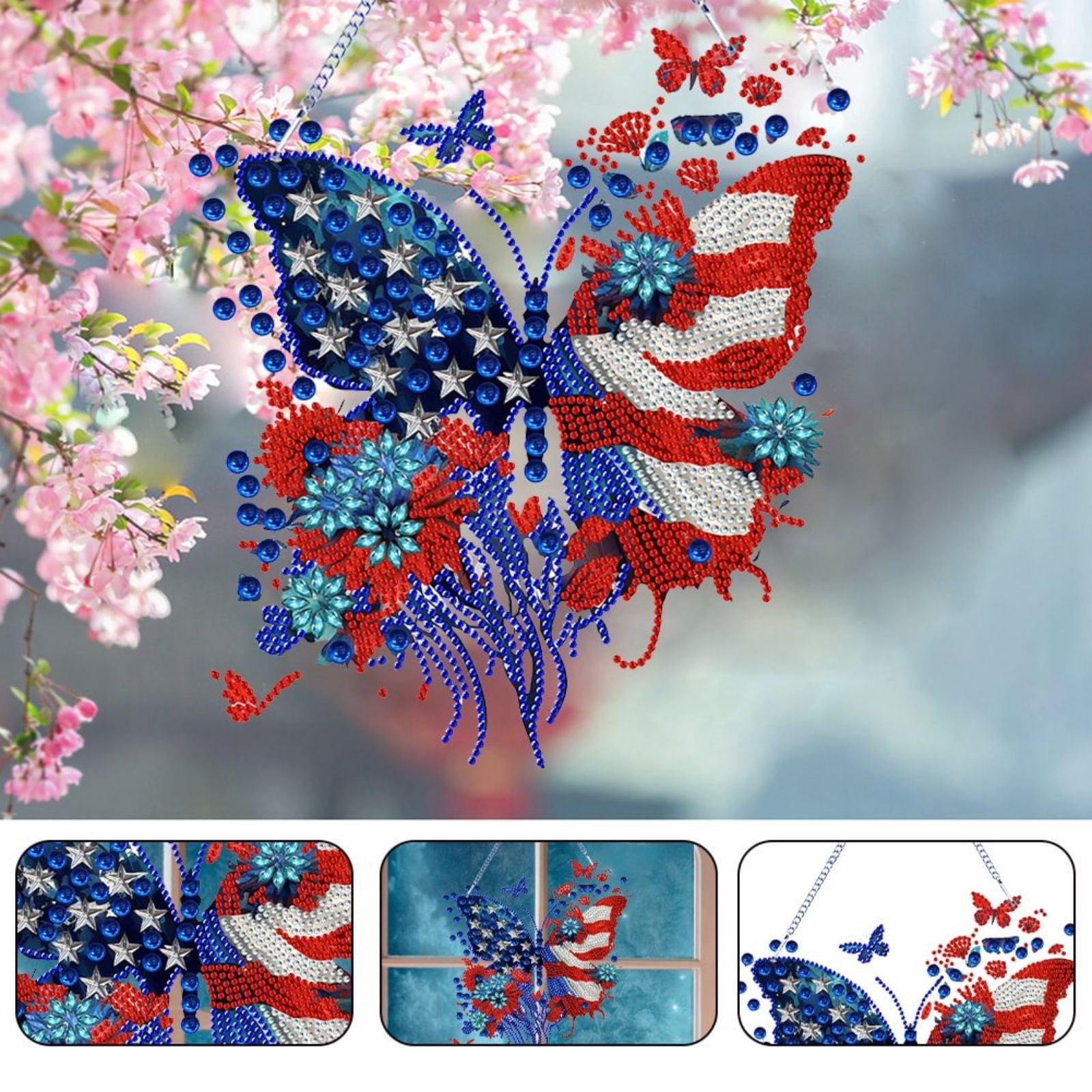 FLOPESN 2PCS DIY Diamond Pendant Diamond Art Painting Independence Day USA Butterfly Creative Design PVC Home Decoration Pendant (Single Side Diamond)