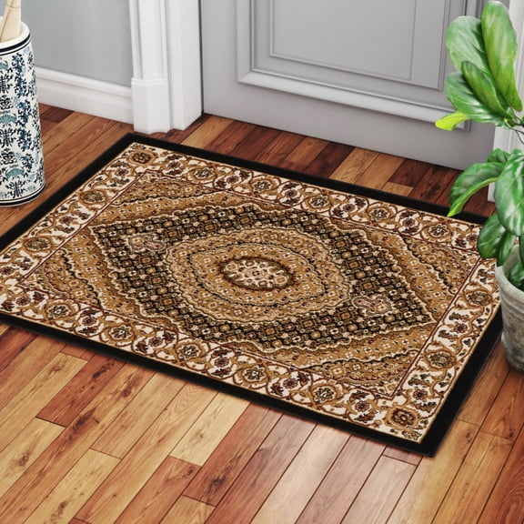 Durable Area Rugs Polypropylene 2x3 Black Ivory Herati for Home Entry